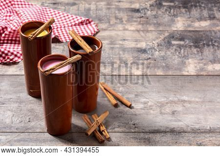 Traditional Mexican Atole Drink On Rustic Wooden Table.copy Space