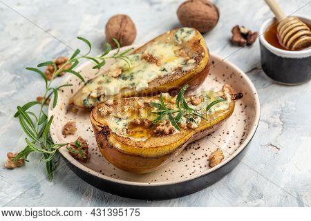 Pears Baked With Blue Cheese, Nuts, Honey. Food Recipe Background. Close Up.