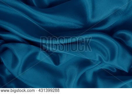 Dark Blue Fabric Cloth Texture For Background And Design Art Work, Beautiful Crumpled Pattern Of Sil