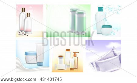Baby Cosmetics Promotional Posters Set Vector. Shampoo And Gel, Lotion And Cream, Wet Wipes And Powd