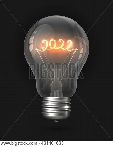 2022 New Year Light Bulb. Realistic Light Bulb With A Filament In The Form Of The Number 2022. Incan