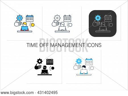 Time Off Management Icons Set.rational Time Distribution.schedule, Calendar. Employee Works On Lapto