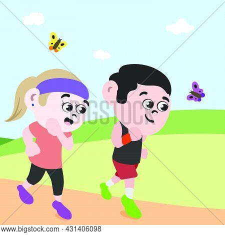 Couple Running In Park To Stay Healthy. Fitness Freak Jogging Girl And Boy. Public Park On Summer Da