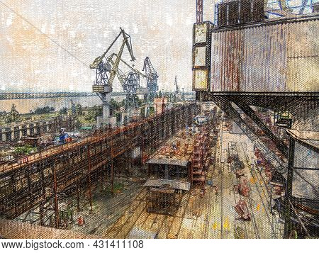 Shipyard With Powerful Cranes. Shipbuilding And Ship Repair Of Water Transport. Industry. Digital Wa