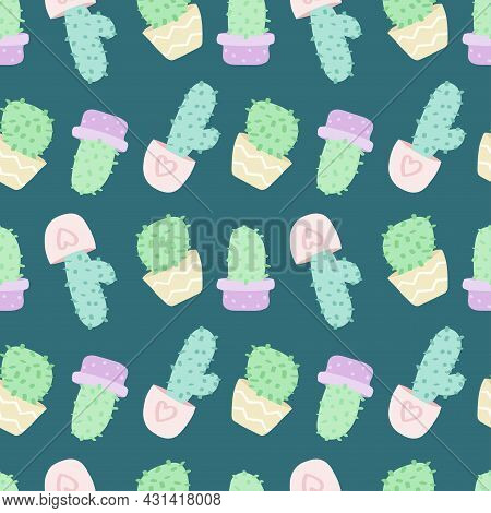Cute Vector Seamless Pattern With Cartoon Cacti In Pots. It Can Be Used As Wallpaper, Poster, Print 