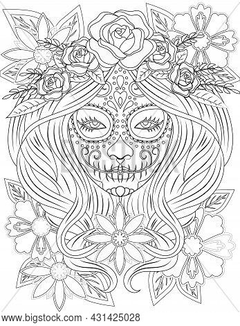 Tattooed Lady Face Line Drawing With Long Hair Wearing Beautiful Floral Head Dress. Head Of A Woman 