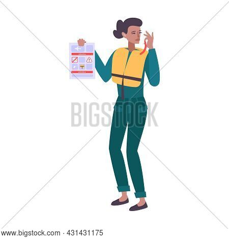 Stewardess In Life Vest Holding Briefing Card Giving Instructions Before Flight Flat Vector Illustra
