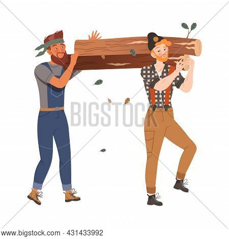Bearded Woodman Or Lumberman In Checkered Shirt And Overall Carrying Heavy Log On Their Shoulders Ve