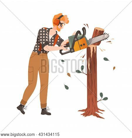 Redhead Bearded Woodman Or Lumberman In Checkered Shirt And Sling Pants Sawing Log With Chain Saw Ve