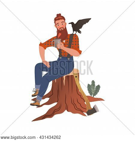 Bearded Woodman Or Lumberman In Checkered Shirt And Sling Pants Sitting On Tree Stump With Mug And R