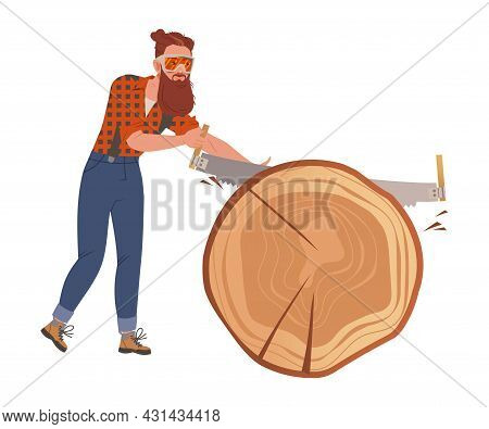 Bearded Woodman Or Lumberman In Checkered Shirt And Sling Pants Sawing Wood Or Log Vector Illustrati
