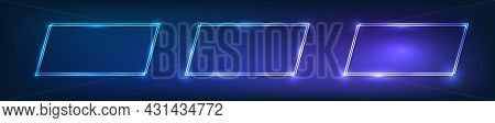 Set Of Three Neon Double Rectangular Frames With Shining Effects On Dark Background. Empty Glowing T