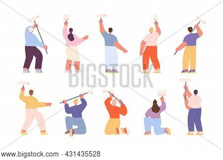 People Painting Wall. Man Woman Painter, Group Professional Home Repair. Girl And Boy With Roller Or