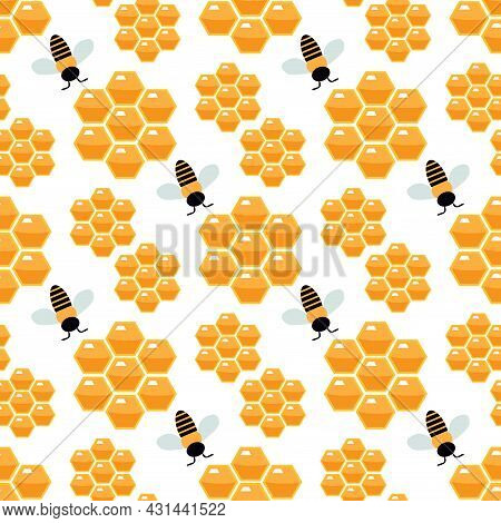 Summer Flat Cartoon Seamless Pattern With Honeyed And Bees. Creative  Kids Texture For Fabric, Wrapp