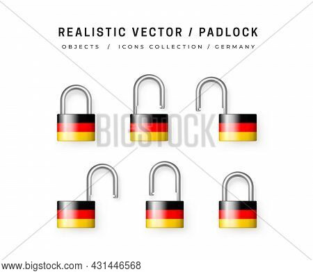 Secure Padlock Decorated With German Flag. Icons Set Of Closed And Open Locks. Isolation On White. D