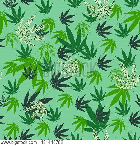 Cannabis Green Color Seamless Pattern On Green Background. Green Glitter Texture, Repeating Pattern 