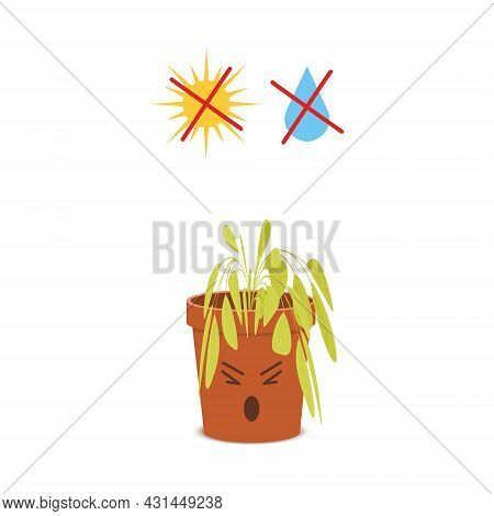 Sad Potted Plant Character With Crossed Out Water Drop And Sun Symbols. Wilted Housplant Without Nec