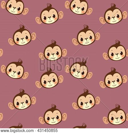 Seamless Pattern With Cute Monkey Avatar On A Pink Muted Background. Children S Pattern With An Anim