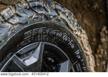 Moscow, Russia - May 08, 2021 The Bfgoodrich All-terrain And Mud Terrain Tires Close Up View With Ra