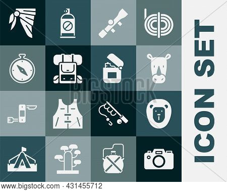 Set Photo Camera, Wild Lion, Rhinoceros, Sniper Optical Sight, Hiking Backpack, Compass, Bandana Or 