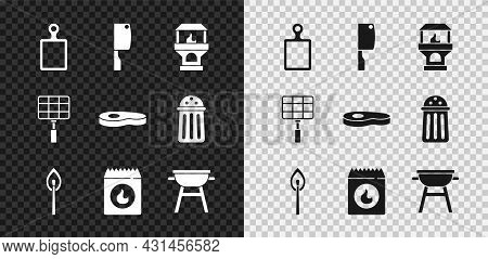 Set Cutting Board, Meat Chopper, Brick Stove, Burning Match With Fire, Barbecue Coal Bag, Grill, Ste