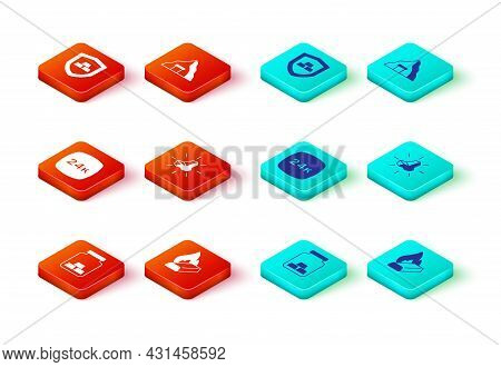 Set Gold Bars, Molten Gold Being Poured, 24k, Nugget, Mine And With Shield Icon. Vector