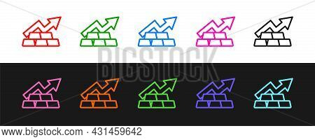 Set Line Finance Growth Chart Arrow With Gold Bars Icon Isolated On Black And White Background. Fina