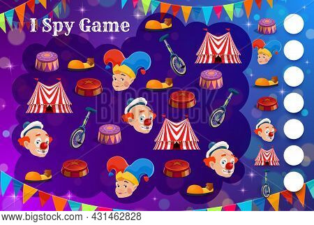 Kids Spy Game With Shapito Circus Characters And Items. Vector Education Puzzle, Counting Riddle Or 