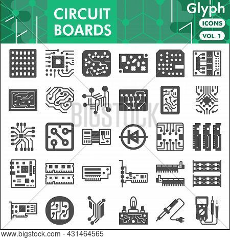 Printed Circuit Board Line Icon Set, Micro Chip Symbols Collection Or Sketches. Pcb Glyph With Headl