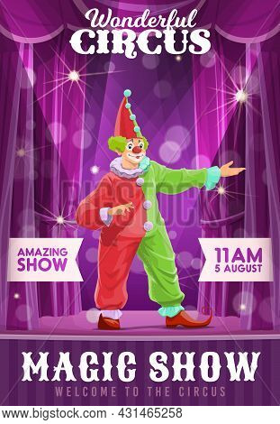 Shapito Circus Poster, Clown At Funfair Carnival Show, Vector Cartoon Harlequin. Circus Carnival And
