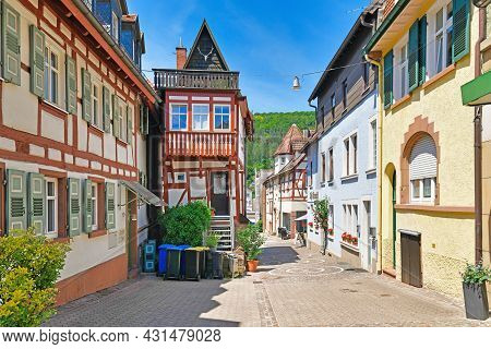 Mosbach, Germany - June 2021: Very Narrow Timber-framed House In Historic Town Center