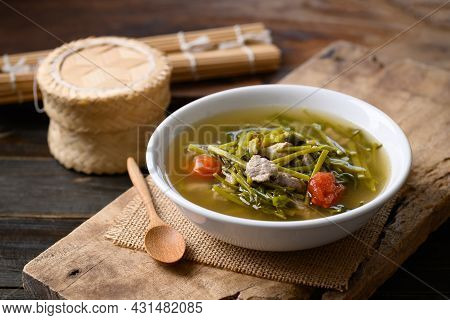 Northern Thai Food (kaeng Puk Plung), Ceylon Spinach Or Malabar Spinach Soup With Pork In A Bowl On 
