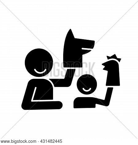 Playing With Puppets Black Glyph Icon. Teaching Kid About Emotions. Puppetry. Entertainment For Chil