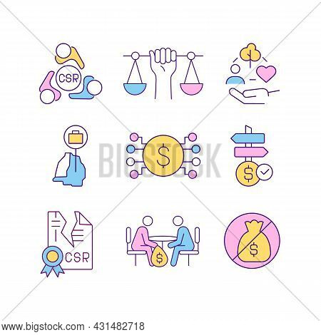Corporate Social Responsibility Related Rgb Color Icons Set. Csr Violation And Punishment. Corruptio