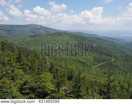 Scenic Silesian Beskids Landscapes Range Near European Salmopol Pass In Poland, Clear Blue Sky In 20