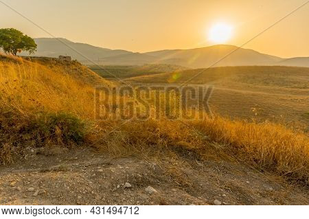 Sunset View Of Hula Valley Landscape With Countryside And The Galilee Mountains, Viewed From Tel Haz
