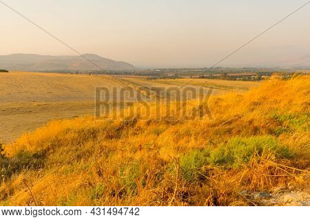 Sunset View Of Hula Valley Landscape With Countryside And The Galilee Mountains, Viewed From Tel Haz