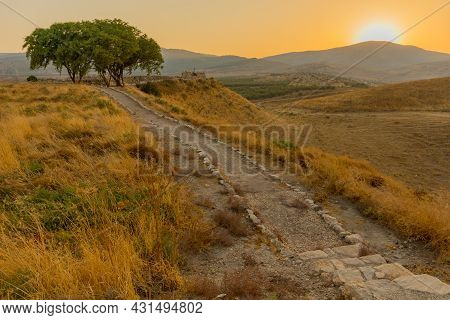 Sunset View Of Hula Valley Landscape With Countryside And The Galilee Mountains, Viewed From Tel Haz
