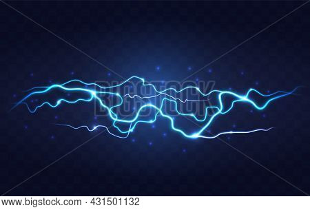 Abstract Blue Lightning On Black Background. Blitz Lightning Thunder Light Sparks Storm Flash Thunde