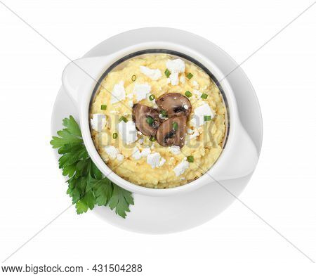 Delicious Traditional Banosh In Bowl Isolated On White, Top View