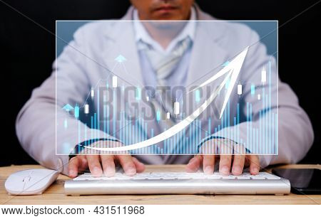 Businessman Working Computer Virtual Screening With Analysing Banking And Investment Growth Graph To