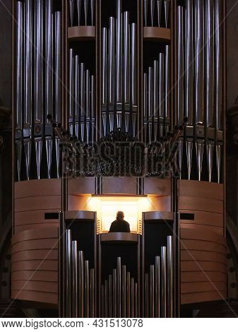 Montserrat, Spain - April 5, 2019: Organ Pipes From A Church Organ In Santa Maria De Montserrat Abbe