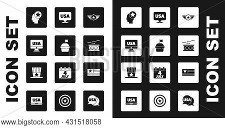 Set Star American Military, Cake, Usa On Monitor, Head, Drum And Drum Sticks, Independence Day, Flag