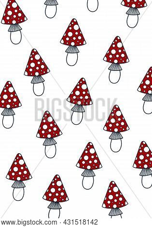 Seamless Doodle Pattern With Cute Red Fly-agaric Amanita Mushrooms. Isolated On White Background.