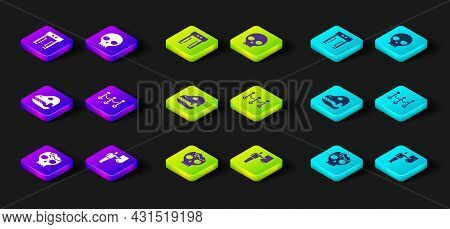 Set Broken Human Skull, Museum Guide, Dinosaur, Rope Barrier, Human And Metal Detector Icon. Vector