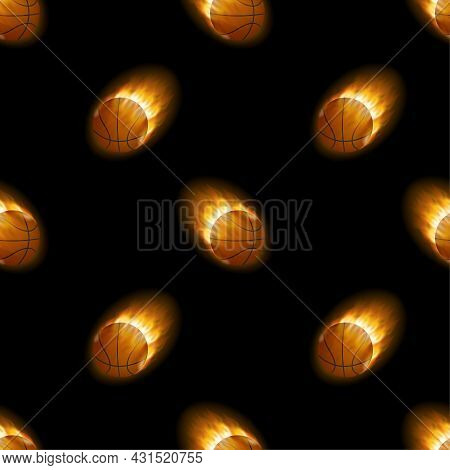 Fire Burning Basketball With Background Black Pattern. Vector Stock Illustration.