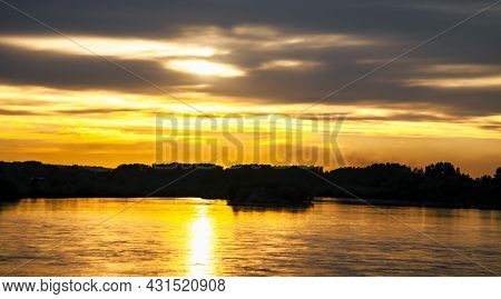 Evening Sunset Landscape With The Angara River In The City Of Irkutsk On A Summer June Day. A Heaven