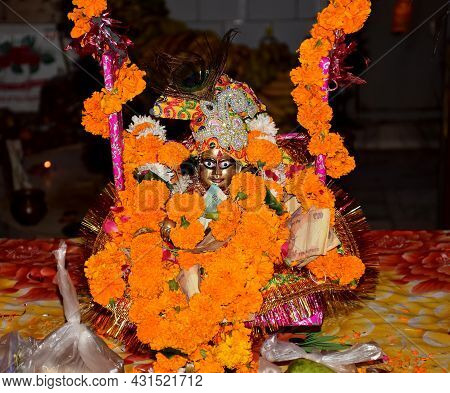 Delhi - India 
30th Aug 2021
Lord Krishna Idol Or Statue During Janmastami Festival At A Temple In I