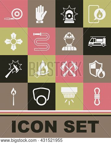 Set Climber Rope, Fire Protection Shield, Truck, Flasher Siren, Hose Reel, Firefighter, And Icon. Ve