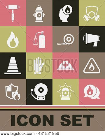 Set Telephone Call 911, Fire Flame In Triangle, Megaphone, Firefighter, Extinguisher, Axe And Hose R